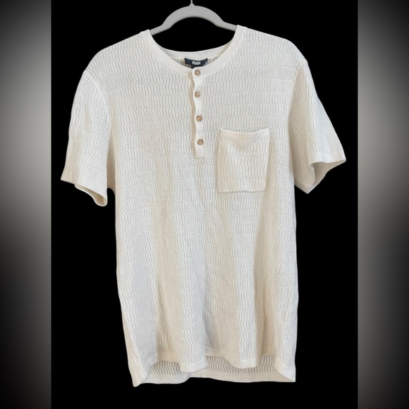 PAIGE Mens Henley Sweater Shirt  White Wool Silk Knit Short Sleeve Textured M - Picture 1 of 6